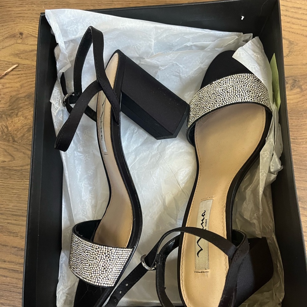 Nina Black and Silver Heels with Crystal Embellishments